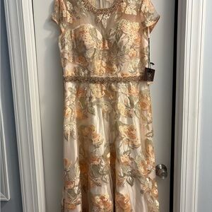 Mac Duggal Floral Embellished Midi Dress - Peach and Gold